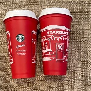Starbucks Holiday 2025 Festive Red Cups with White Designs